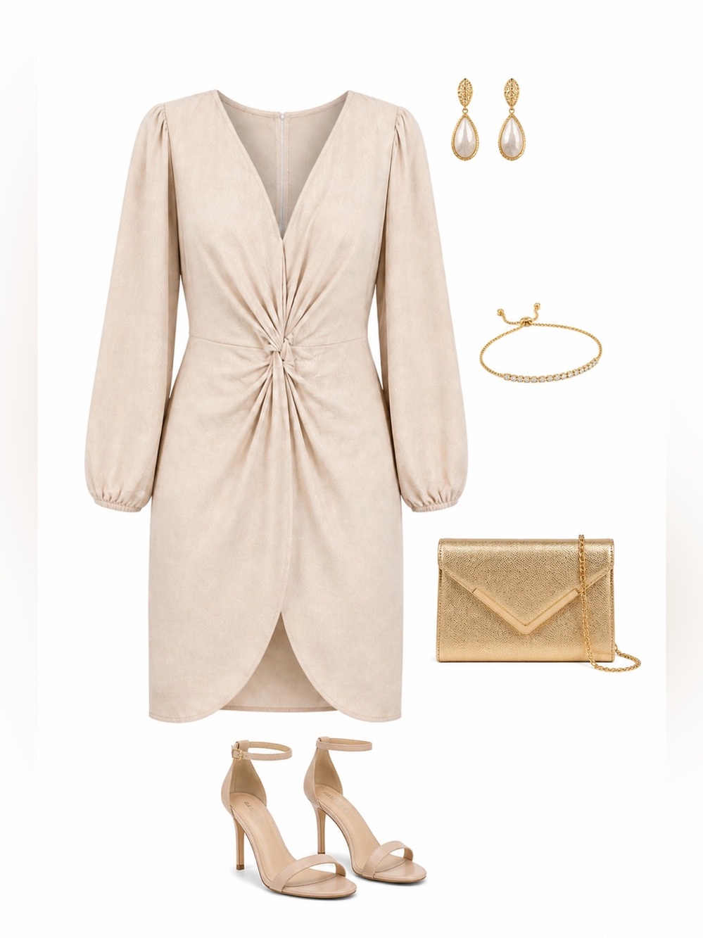 INC International Concepts Cream Long Sleeve Dress